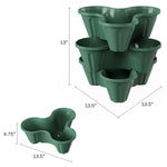 Hunter green three-tier plastic stacking planter with dimensions indicated in inches on white background