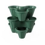 Standalone hunter green three-tier plastic stacking planter shown against a plain white background