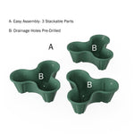 Three individual hunter green planter sections labeled A and B showing assembly and pre-drilled drainage holes