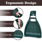 Product detail layout showing ergonomic features of a dark green leaf scoop with callouts for grip and serrated edge.