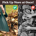 Split graphic comparing green leaf scoops picking up leaves on left and hands in leaves on right to show product benefit.