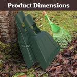 Dimension graphic of two stacked green leaf scoops with overlaid measurements and a gardener's rake in background.