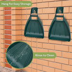 Two green plastic leaf scoops hanging on a brick wall with inset showing water rinsing the scoop surface.
