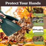 Marketing image showing green leaf scoops scooping leaves with infographics warning of nasty bugs, thorns and glass.