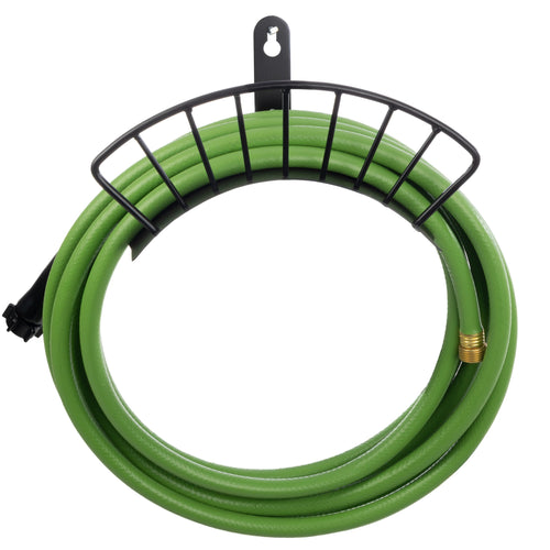 Pure Garden metal wall-mounted hose holder with a coiled green garden hose on a white background