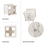 White lattice planter shown from bottom and side with close-up of additional base support and design callouts