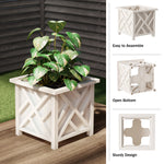 White lattice-style planter on a patio filled with a potted plant, plus small assembly and design callouts