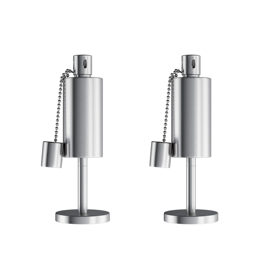 Two stainless-steel table torch lamps with chained snuffers on white background