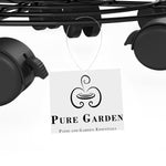 Underside view of black plant caddy casters with a hanging Pure Garden logo tag