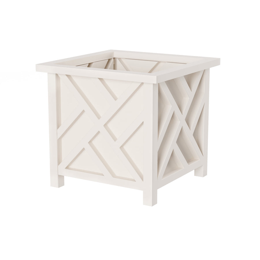 White outdoor lattice square planter box with crisscross paneling on a white background