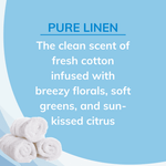 Blue panel with white text describing the Pure Linen scent and a small image of rolled towels at the corner