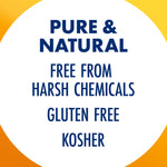 Circular white badge graphic on orange background reading "Pure & Natural, Free From Harsh Chemicals, Gluten Free, Kosher"