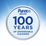 Round Purex brand badge graphic stating "100 Years of Dependable Cleaning" on a soft blue gradient background.