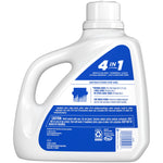 Rear view of a Purex detergent jug showing blue 4-in-1 panel, usage instructions, caution and ingredient text on the label