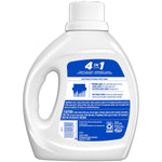 Rear view of a Purex Free & Clear detergent bottle showing the 4-in-1 label, usage instructions, ingredients and caution panel.