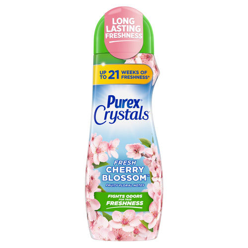 Front view of a Purex Crystals Fresh Cherry Blossom scent booster bottle with floral graphics