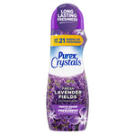Tall bottle of Purex Crystals scent booster in Fresh Lavender Fields scent with lavender imagery and purple cap