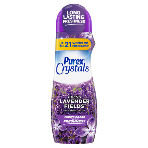 Tall bottle of Purex Crystals scent booster in Fresh Lavender Fields scent with lavender imagery and purple cap