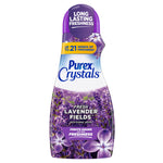 Front-facing Purex Crystals Fresh Lavender Fields scent booster bottle with purple cap and lavender field imagery.