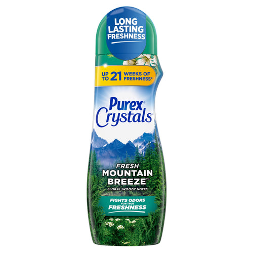 Tall Purex Crystals Fresh Mountain Breeze scent booster bottle with mountain and forest label artwork