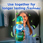 Person holding a Purex Crystals Fresh Mountain Breeze container forward with 'Use together for longer lasting freshness' headline