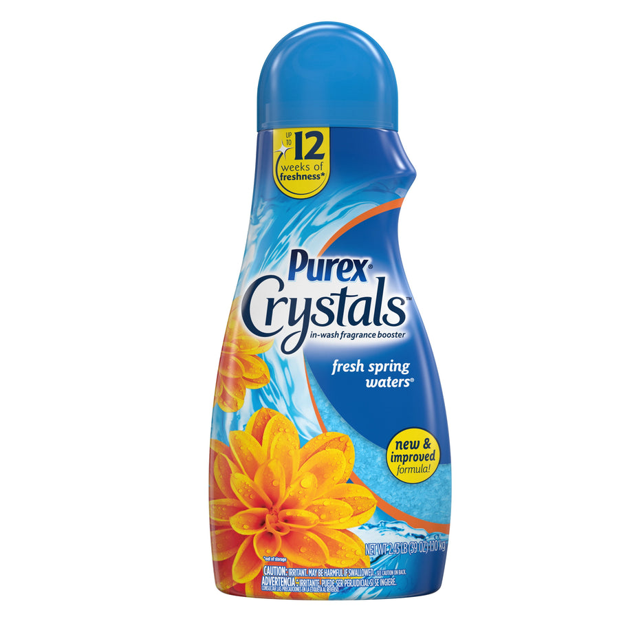 Bottle of Purex Crystals in-wash fragrance booster in Fresh Spring Waters scent with blue cap and floral graphics
