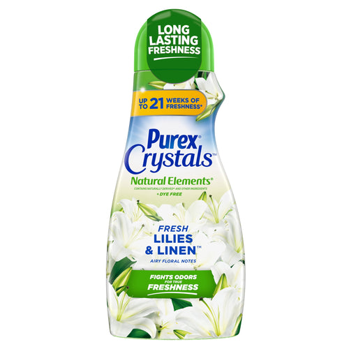 Purex Crystals Natural Elements Fresh Lilies & Linen scent booster bottle with floral label