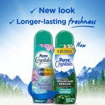 Promotional graphic showing old and new Purex Crystals Fresh Mountain Breeze bottles with mountain background and ‘new look’ text
