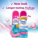 Promotional graphic showing old and new Purex Crystals Fresh Vibes bottles with pink bubbles