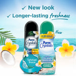 Two Purex Crystals scent booster bottles side by side on a beach graphic, promoting a new look and longer-lasting freshness.