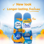 Two Purex Crystals Fresh Spring Waters bottles side-by-side with promotional text about new look and longer-lasting freshness