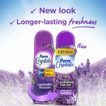 Promotional graphic showing old and new Purex Crystals lavender scent packaging side by side over a lavender field background