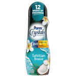 Tall Purex Crystals bottle with Tahitian Breeze label, floral and coconut artwork on a teal gradient background.