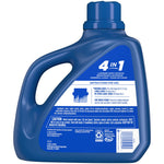 Rear view of a blue Purex 4-in-1 detergent jug showing usage instructions, caution text, and barcode