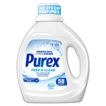 Front-facing Purex Free & Clear liquid detergent bottle with label showing 58 loads and no dye or perfumes callout.