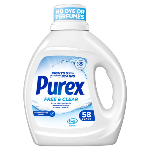 White Purex Free & Clear liquid detergent bottle with blue label showing 58 loads and no dye or perfumes