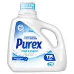 White Purex Free & Clear liquid detergent jug with blue label showing 115 loads and no dye or perfumes