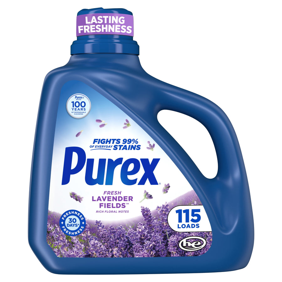 Blue jug of Purex Fresh Lavender Fields liquid laundry detergent with lavender field label and 115 loads badge