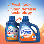 Two Purex detergent bottles side-by-side showing updated packaging and text promoting stain defense technology