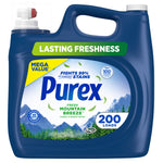 Blue Purex mega value liquid detergent jug labeled Fresh Mountain Breeze with mountain graphic and 200 loads badge