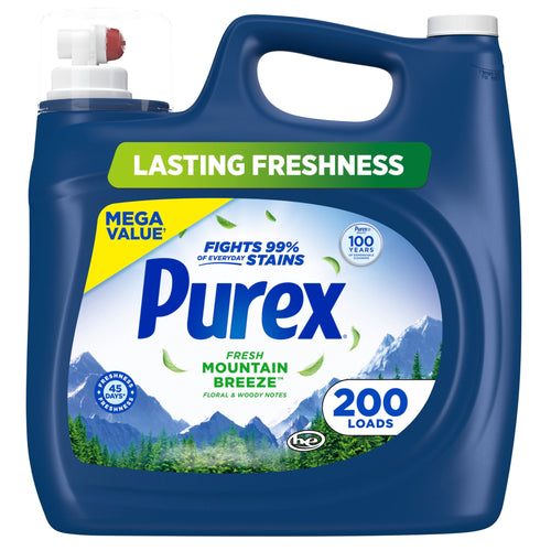 Blue Purex mega value liquid detergent jug labeled Fresh Mountain Breeze with mountain graphic and 200 loads badge