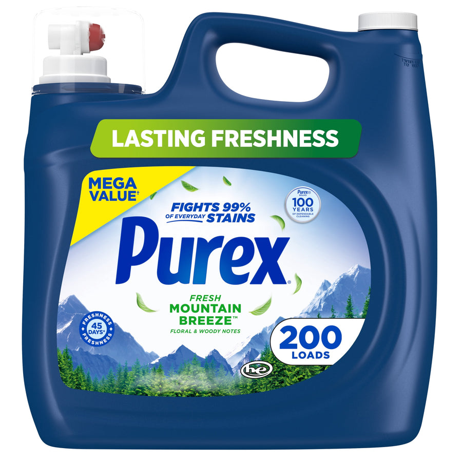 Blue Purex mega value liquid detergent jug labeled Fresh Mountain Breeze with mountain graphic and 200 loads badge