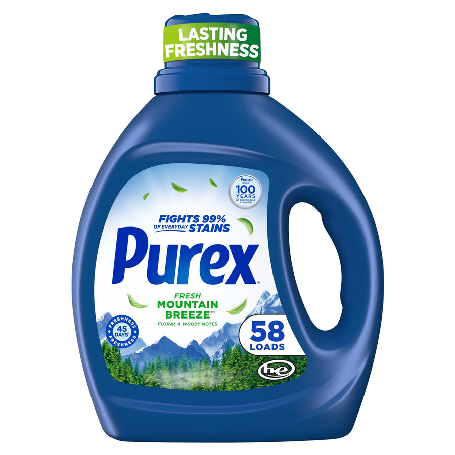 Blue Purex Fresh Mountain Breeze liquid detergent jug with label showing 58 loads and mountain artwork