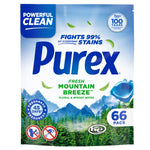 Purex Fresh Mountain Breeze detergent pacs package showing brand name, mountain graphic and 66 pacs callout
