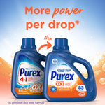 Two Purex detergent bottles shown side-by-side with 'More power per drop' headline and arrow highlighting new formula