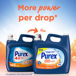 Promotional graphic showing two Purex detergent jugs with 'More power per drop' headline and arrow pointing to the new formula jug.