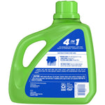 Rear view of a green Purex Natural Elements detergent jug showing 4-in-1 claims, instructions and ingredient panel on the back label