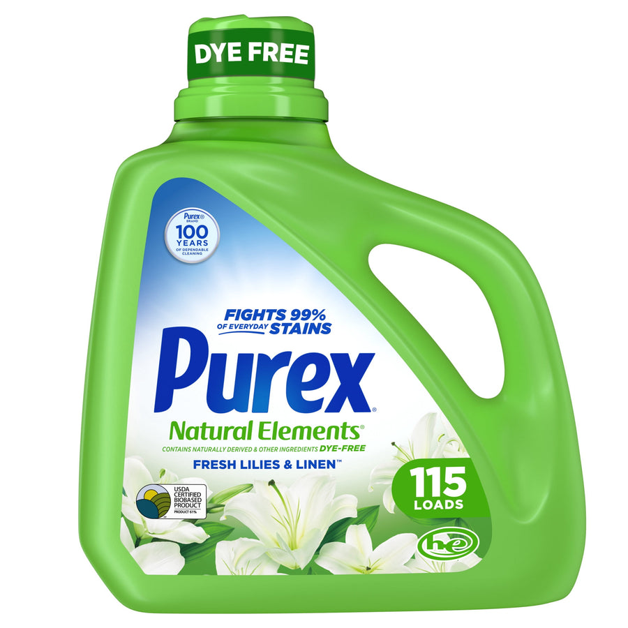 Green Purex Natural Elements detergent jug with Fresh Lilies & Linen label and 115 loads badge on white background