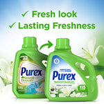 Two Purex Natural Elements detergent bottles showing old and new package designs with text promoting fresh look and lasting freshness