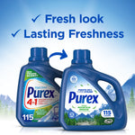 Two Purex detergent jugs side by side showing old and new bottle designs with arrow and 'Fresh look Lasting Freshness' text